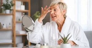 Older woman following the Best Anti Aging Skin Care Routine by applying anti-aging face cream for healthier, younger-looking skin.
