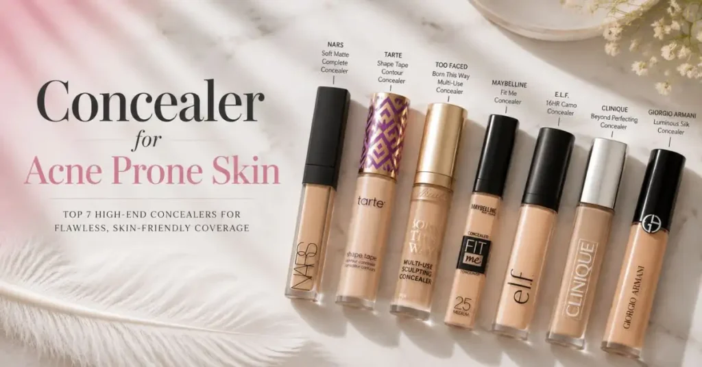 Best concealer for acne prone skin featuring NARS, Tarte, Too Faced, Maybelline, e.l.f., Clinique, and Giorgio Armani concealers.