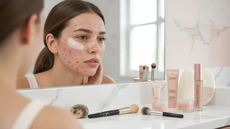 Common makeup problems when using concealer for acne prone skin including cakey makeup, oily skin, and acne texture.