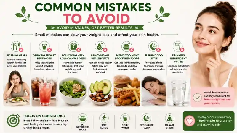 Common mistakes to avoid for weight loss and glowing skin, including skipping meals, sugary drinks, processed foods, poor sleep, unhealthy fats, and not drinking enough water.