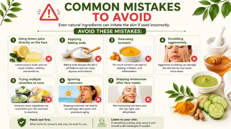Educational infographic showing common skincare mistakes to avoid, including using lemon juice directly on the face, applying baking soda, overusing turmeric, scrubbing aggressively, trying multiple DIY remedies at once, ignoring sunscreen, and skipping moisturizer after face masks.