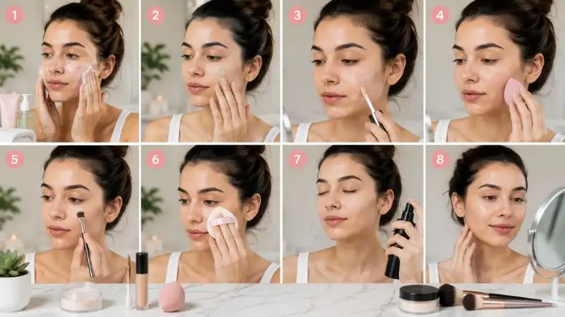 Step-by-step guide showing how to apply concealer for acne prone skin using color corrector, concealer, sponge, powder, and setting spray.