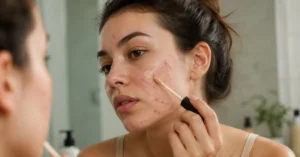 Concealer for acne prone skin applied on a woman with acne while covering blemishes naturally