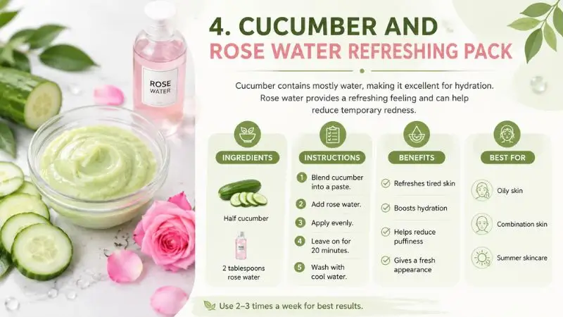 Cucumber and rose water refreshing face pack with fresh cucumber, rose water, and a hydrating DIY mask for oily and combination skin to boost hydration, reduce puffiness, and refresh tired skin.