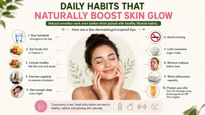 Infographic showing daily habits for naturally glowing skin, including hydration, healthy diet, sleep, exercise, and SPF protection.
