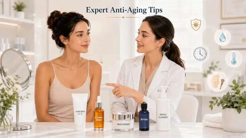 Best Anti Aging Skin Care Routine expert tips showing a dermatologist recommending sunscreen, vitamin C, retinol, moisturizer, patch testing, and consistent skincare for healthier youthful skin.