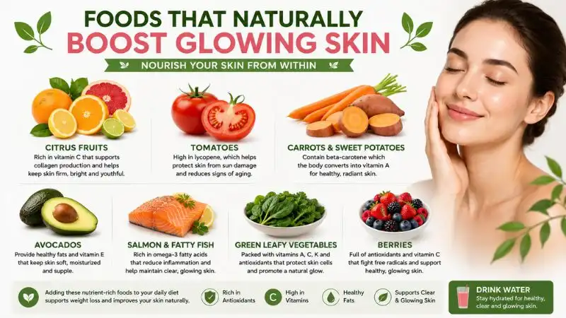 Foods that naturally boost glowing skin including citrus fruits, tomatoes, carrots, sweet potatoes, avocados, salmon, leafy green vegetables, and berries for healthy radiant skin.