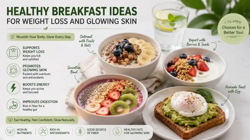 Healthy breakfast ideas for weight loss and glowing skin featuring oatmeal, yogurt with berries, avocado toast, smoothie bowl, and fresh fruits.