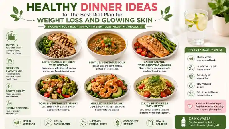 Healthy dinner ideas for the best diet plan for weight loss and glowing skin with grilled salmon, lemon garlic chicken, lentil soup, tofu stir-fry, shrimp salad, zucchini noodles, and fresh vegetables.