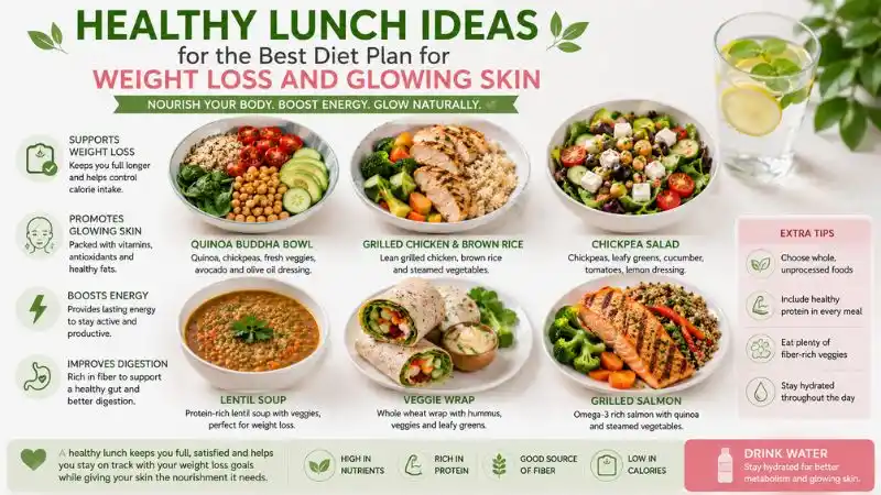 Healthy lunch ideas for the best diet plan for weight loss and glowing skin featuring grilled chicken, salmon, quinoa, chickpea salad, lentil soup, and fresh vegetables.