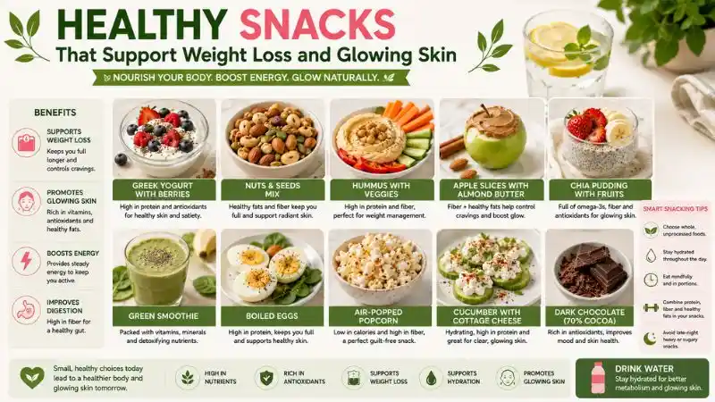 Healthy snacks that support weight loss and glowing skin featuring Greek yogurt, berries, mixed nuts, hummus with vegetables, boiled eggs, chia pudding, green smoothie, and fresh fruits.