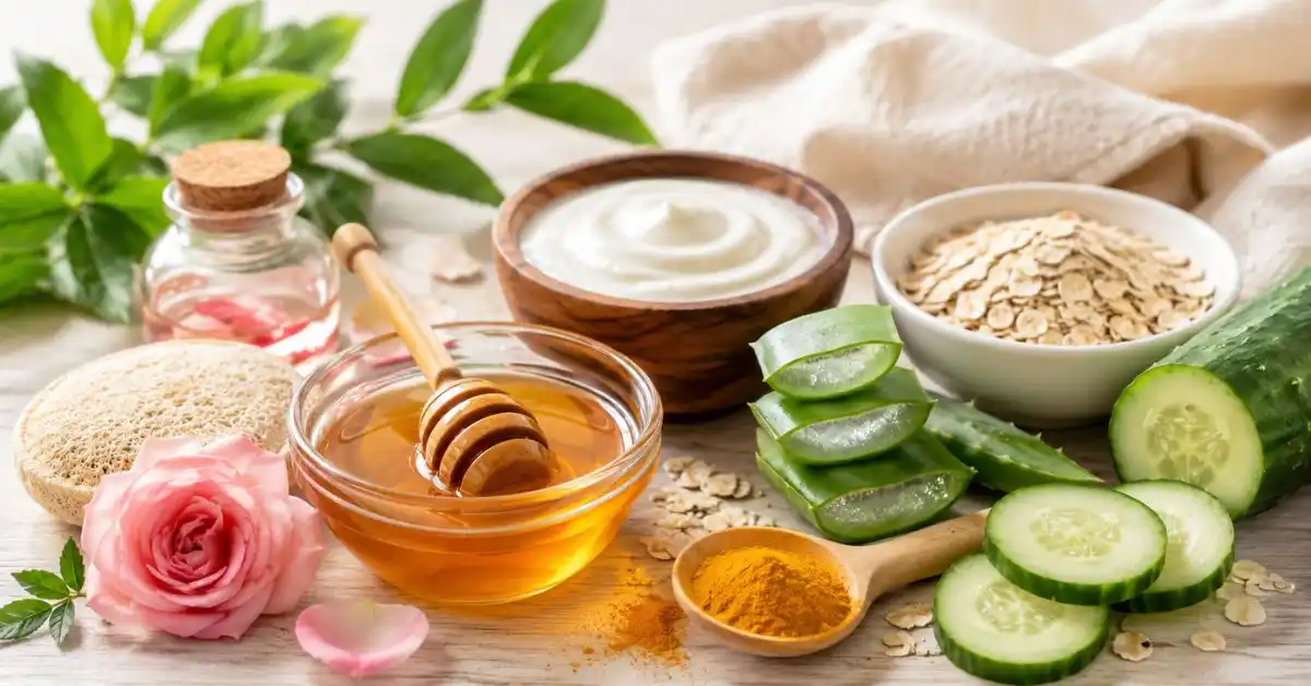 Home Remedies for Glowing Skin featuring natural ingredients including honey, aloe vera, cucumber, oats, yogurt, turmeric, and rose water for healthy radiant skin.