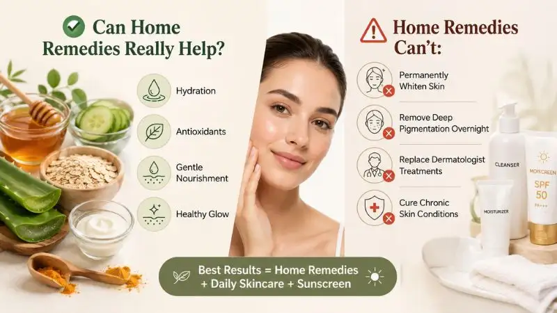 Infographic explaining how Home Remedies for Glowing Skin can support hydration and healthy skin while showing their limitations and the importance of a complete skincare routine.