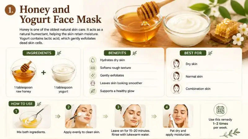 Honey and yogurt face mask recipe showing ingredients, benefits, best skin types, and application steps as a natural Home Remedies for Glowing Skin treatment.