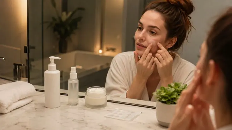 How to dry out a pimple overnight with a nighttime skincare routine including cleanser, acne spot treatment, moisturizer, and hydrocolloid patches.