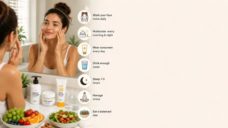 Woman following a consistent daily skincare routine with cleanser, moisturizer, sunscreen, water, healthy foods, and sleep habits for naturally glowing skin.