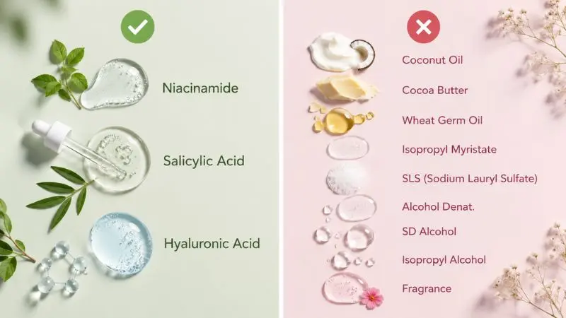 Best ingredients for concealer for acne prone skin including niacinamide, salicylic acid, and hyaluronic acid with ingredients to avoid.