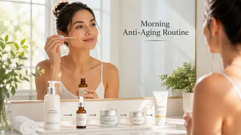 Best Anti Aging Skin Care Routine morning routine showing a woman applying vitamin C serum with cleanser, moisturizer, eye cream, and SPF 30 sunscreen on a clean vanity.
