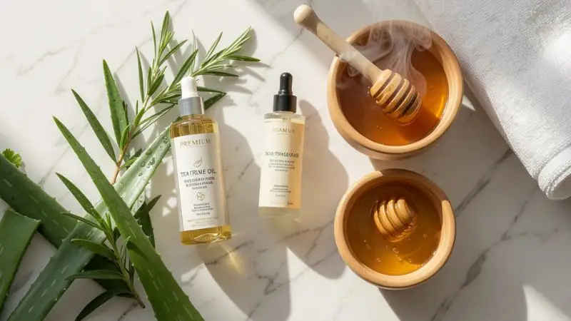 Natural remedies for how to dry out a pimple featuring tea tree oil, green tea leaves, and a warm towel on a clean bathroom countertop.