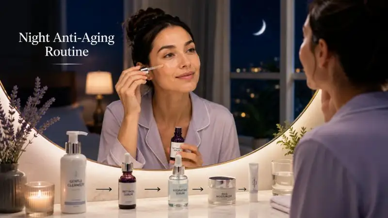 Best Anti Aging Skin Care Routine night routine showing a woman applying retinol after cleansing with a hydrating serum, moisturizer, and lip balm for overnight skin repair.