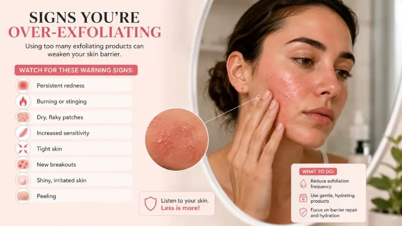 Signs of over-exfoliation while using the best exfoliator for acne-prone skin, including redness, dryness, peeling, and skin sensitivity