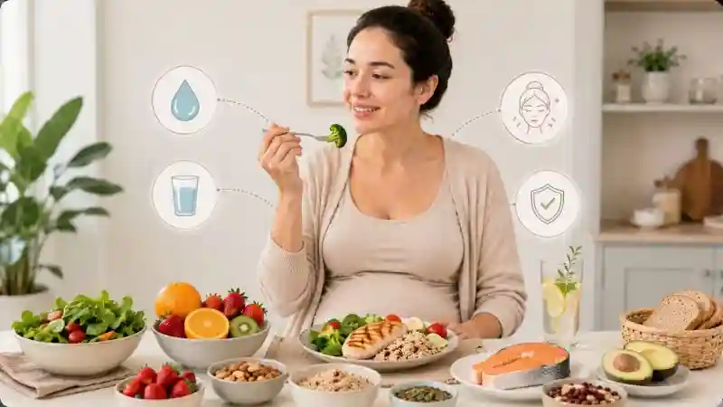 Pregnant woman following healthy daily habits for acne prevention.