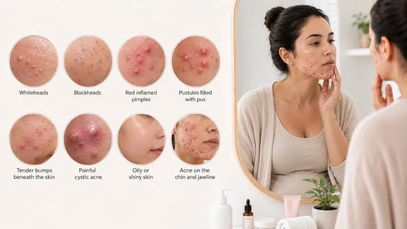 Pregnant woman with whiteheads, blackheads, inflamed pimples, and mild cystic acne on the chin and jawline, illustrating the common appearance of pregnancy acne.
