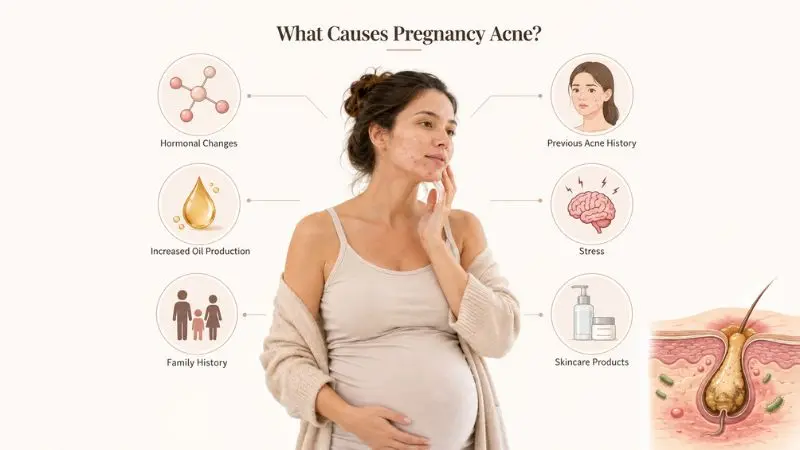 Medical infographic showing a pregnant woman with mild pregnancy acne and the main causes, including hormonal changes, excess oil production, family history, stress, previous acne, and skincare products.