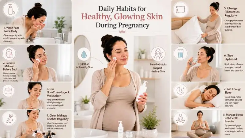 Pregnant woman following healthy daily habits for acne prevention.
