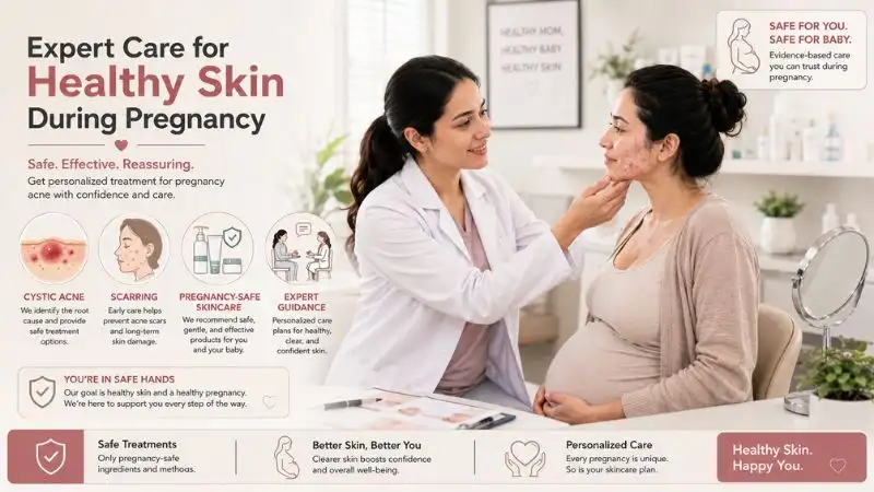 Pregnant woman consulting a dermatologist for acne treatment.
