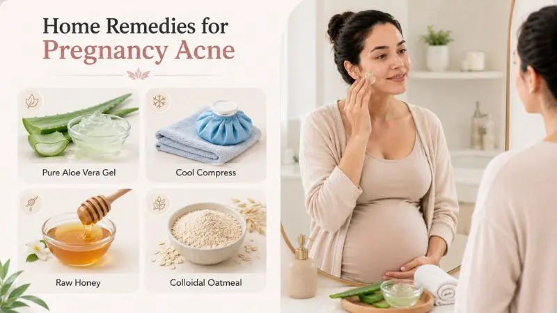 Pregnant woman applying aloe vera gel beside natural home remedies for pregnancy acne, including cool compress, raw honey, and colloidal oatmeal.