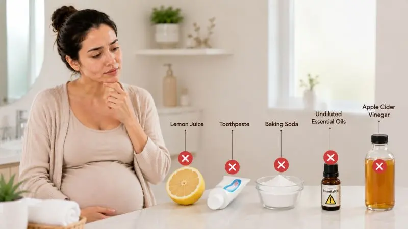 Pregnant woman avoiding unsafe DIY acne remedies during pregnancy.