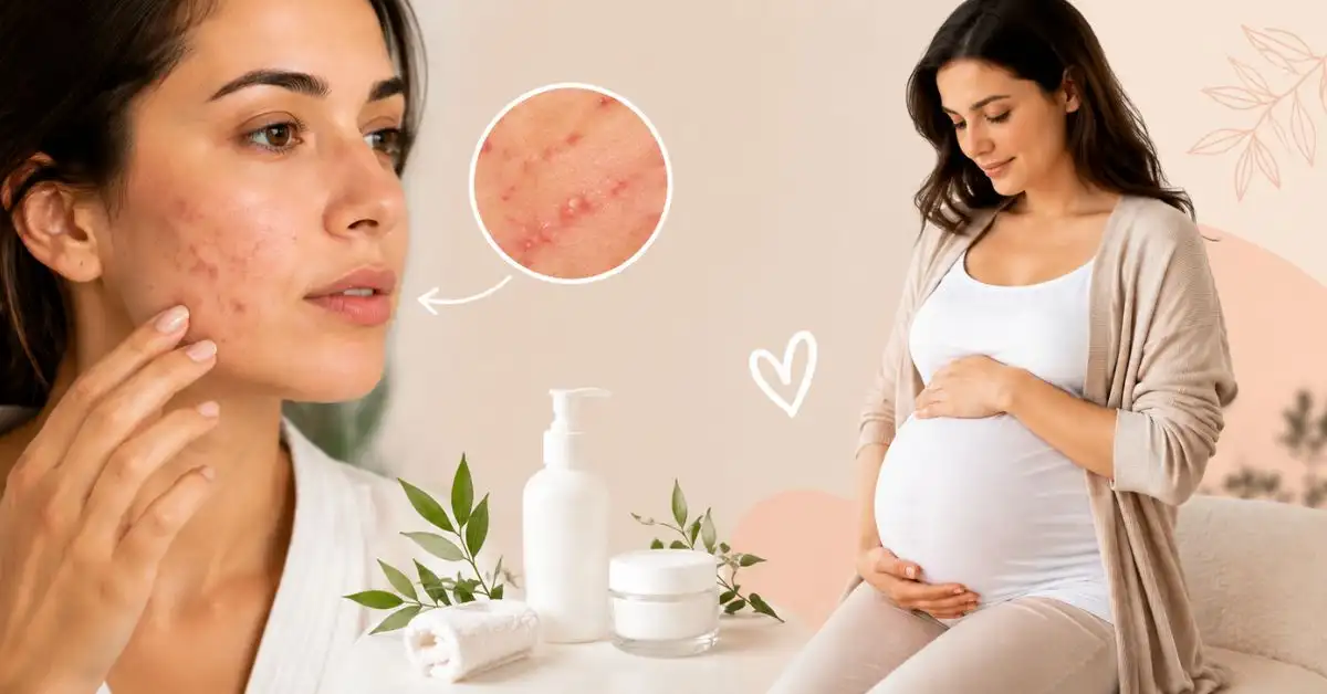 Pregnant woman with pregnancy acne alongside safe skincare products, illustrating safe pregnancy acne treatment and prevention.