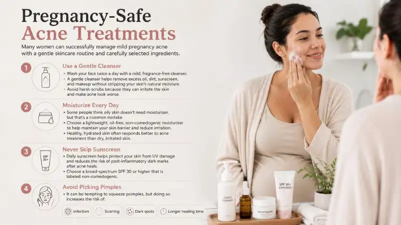 Pregnant woman following a pregnancy-safe skincare routine with a gentle cleanser, lightweight moisturizer, SPF sunscreen, and avoiding picking pimples to help manage mild pregnancy acne safely.