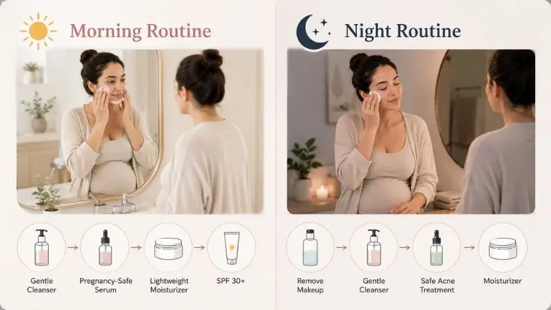 Pregnant woman with mild acne surrounded by common skincare mistakes, including overwashing, harsh scrubs, picking pimples, unsafe products, and skipping sunscreen.