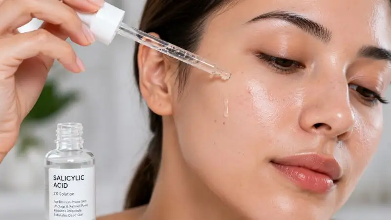 Applying salicylic acid toner to clear clogged pores and acne