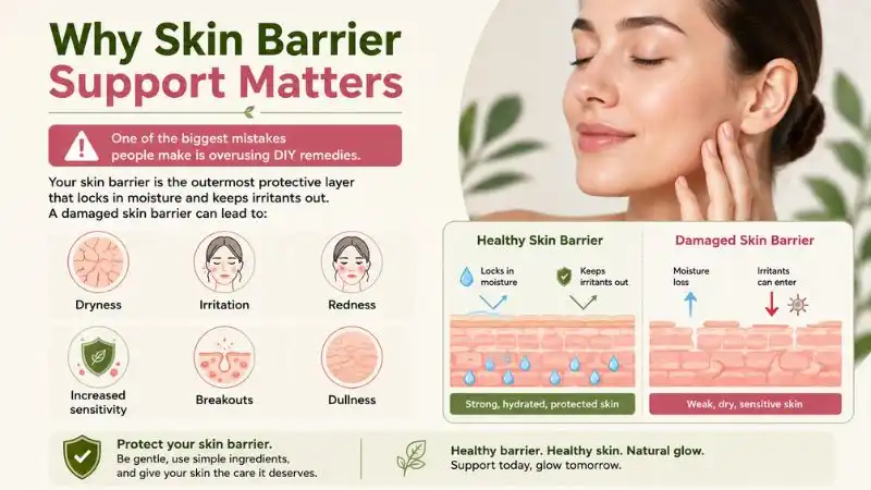 Infographic explaining why skin barrier support matters, showing healthy vs damaged skin barrier and common signs like dryness, redness, irritation, breakouts, and dullness.