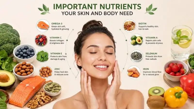 Important nutrients for healthy skin and body showing vitamin-rich foods, omega-3 sources, antioxidants, and a woman with naturally glowing skin.