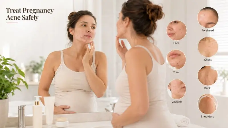 Pregnant woman with mild pregnancy acne on her chin and jawline, illustrating safe pregnancy acne treatment and common breakout areas.