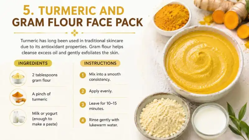 DIY turmeric and gram flour face pack made with gram flour, turmeric, and milk or yogurt to gently exfoliate, cleanse excess oil, and support healthy-looking glowing skin.