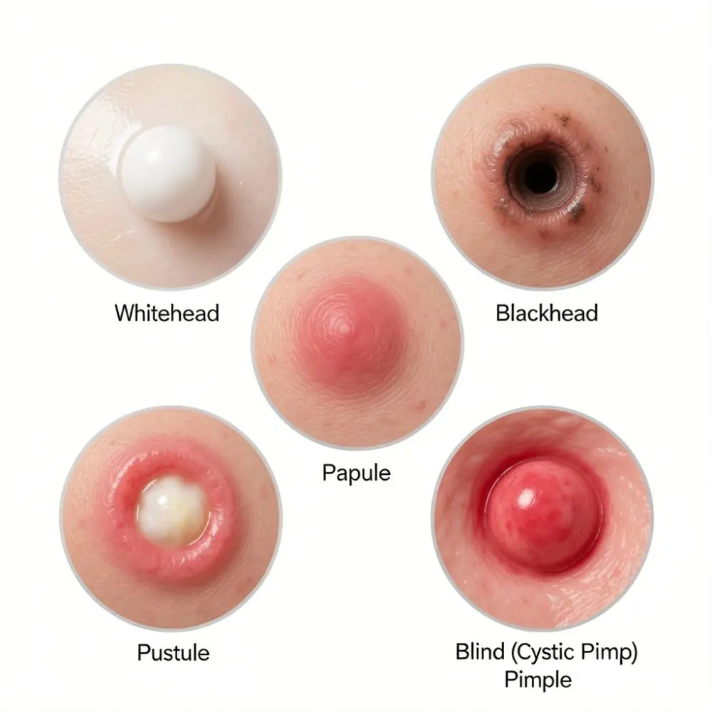 How to dry out a pimple infographic showing different types of pimples including whitehead, blackhead, papule, pustule, and blind pimple.