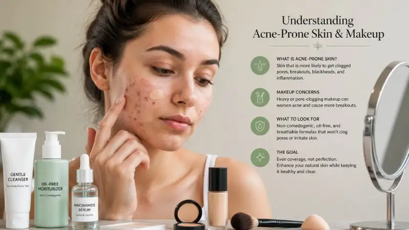 Understanding acne-prone skin and makeup with a woman applying concealer for acne prone skin while covering acne blemishes.