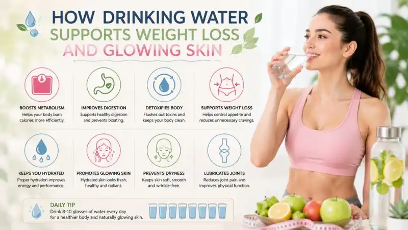 Woman drinking water with healthy foods, showing how drinking water supports weight loss and naturally glowing skin.