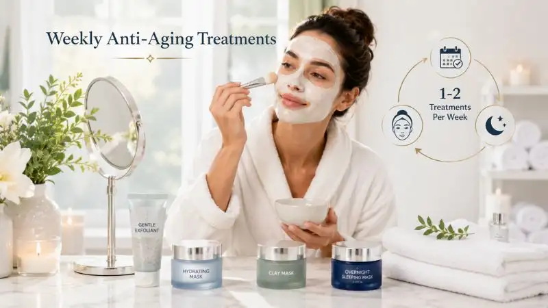 Best Anti Aging Skin Care Routine featuring weekly treatments including gentle exfoliation, hydrating face mask, clay mask, and overnight sleeping mask for healthier youthful skin.