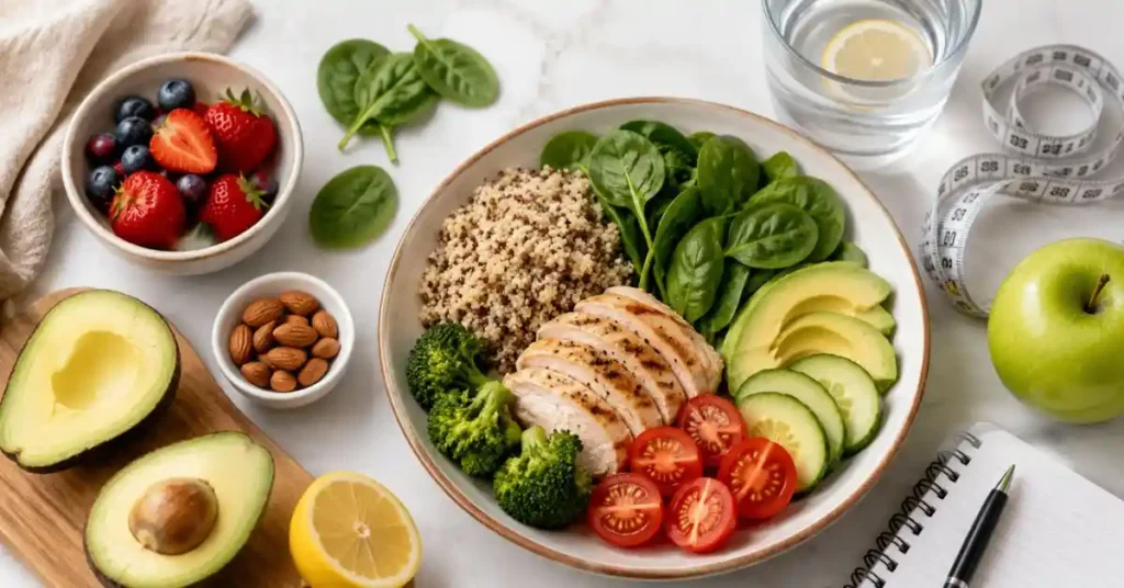 Best diet plan for weight loss and glowing skin featuring a woman exercising with healthy food, a balanced meal, and a 7-day diet plan.