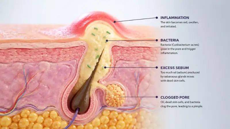 Cross-section illustration showing how to dry out a pimple by explaining a clogged pore with excess sebum, bacteria, and skin inflammation.