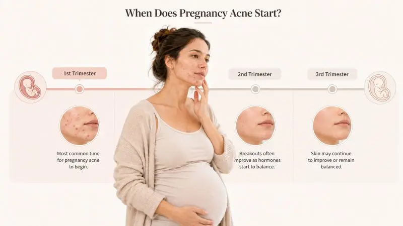 "Pregnant woman experiencing mild pregnancy acne during the first trimester as hormonal changes trigger breakouts."
