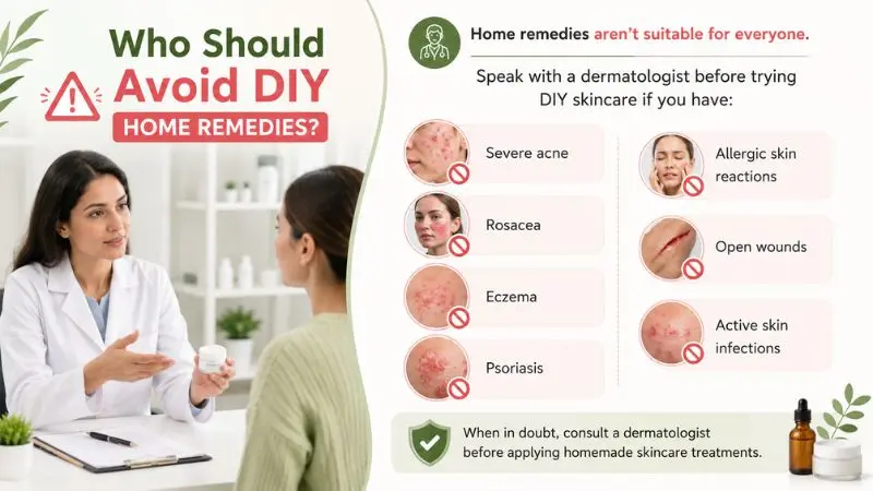 Medical infographic explaining who should avoid DIY home remedies, including people with severe acne, rosacea, eczema, psoriasis, allergic skin reactions, open wounds, and active skin infections, with advice to consult a dermatologist before trying homemade skincare treatments.