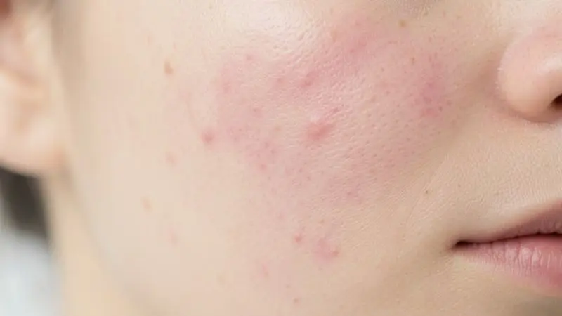 Close-up of acne and redness on sensitive skin representing barrier irritation