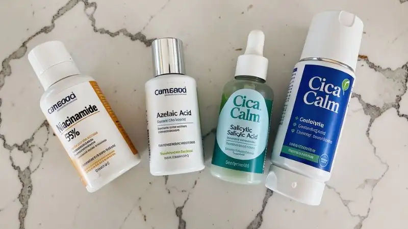 Skincare bottles with clear labels for Niacinamide, Azelaic Acid, and Salicylic Acid for sensitive skin